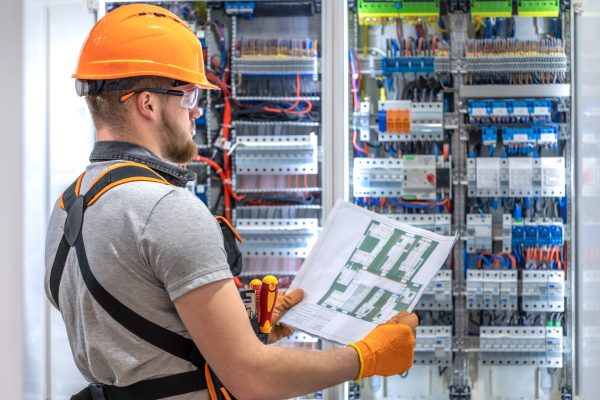 Male construction worker in overalls. Male electrician in overalls. Male construction worker in overalls. Male electrician in overalls. High quality photo. Male electrician, builder or engineer in uniform.